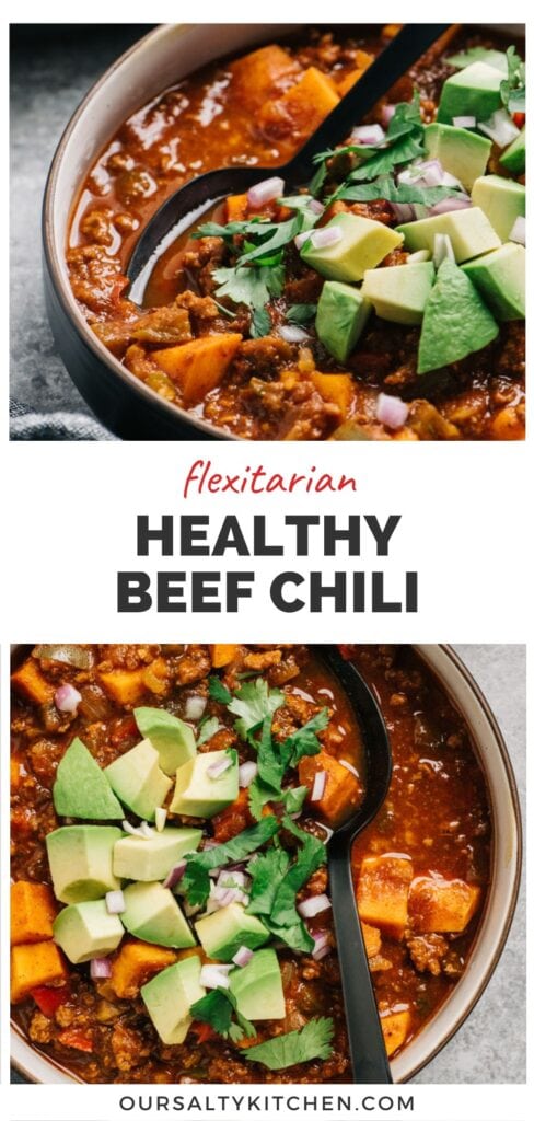 Two images of healthy no bean beef chili (top, side view, and bottom, overhead view) with a title bar in the middle that reads "flexitarian healthy beef chili".