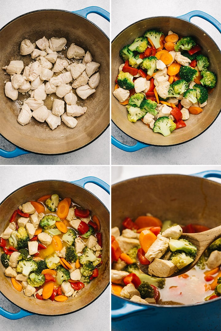 A collage showing how to make sugar free and paleo sweet and sour chicken.