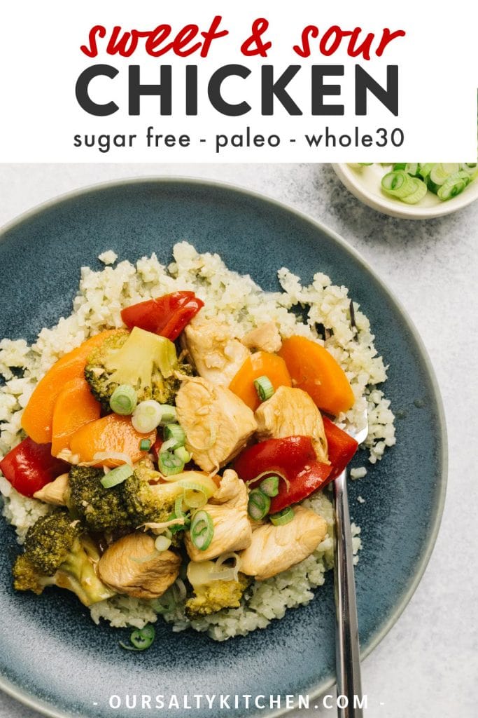 Pinterest image for whole30 and paleo sweet and sour chicken recipe.