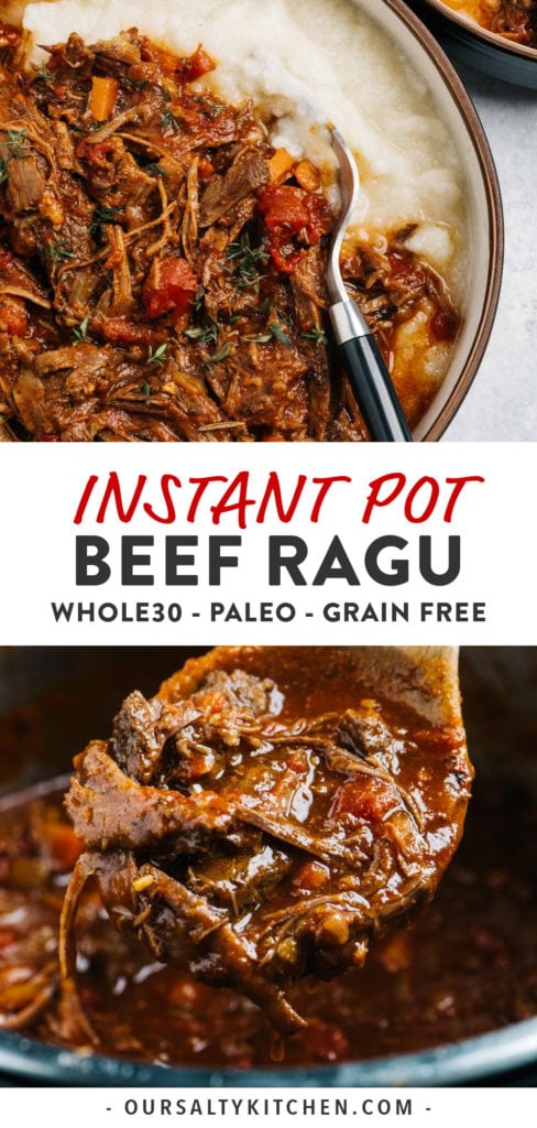 Pinterest collage for Whole30 beef ragu cooked in the instant pot.