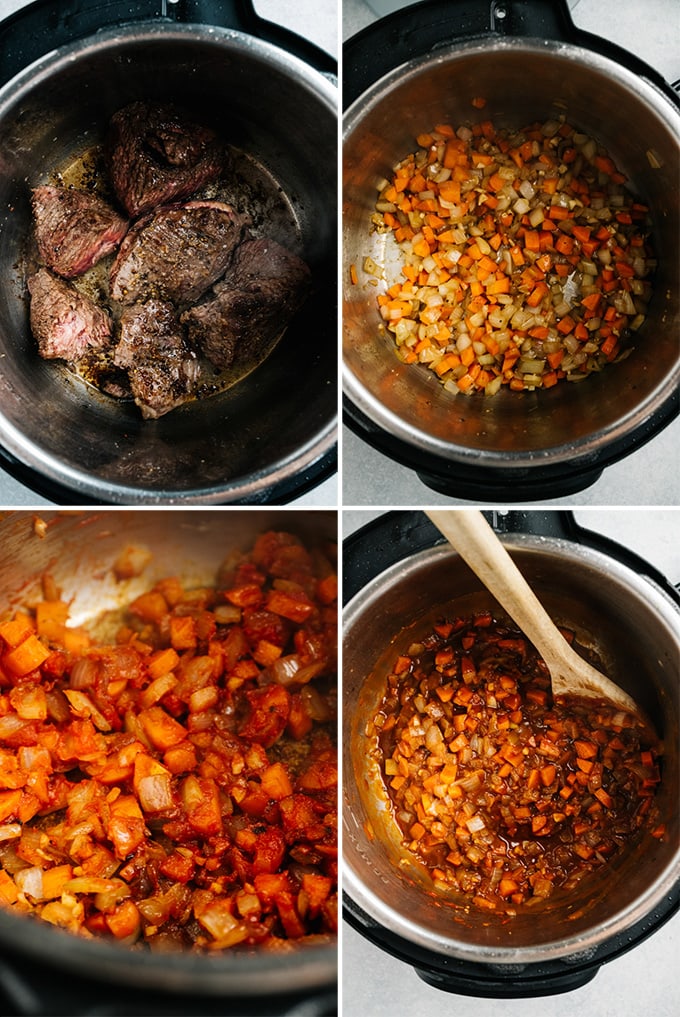 A collage showing each step of making beef ragu in the instant pot.