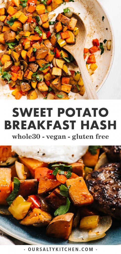 Pinterest collage for a vegan sweet potato hash recipe.