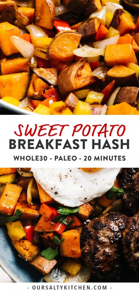 Pinterest collage for vegan and whole30 sweet potato hash recipe.