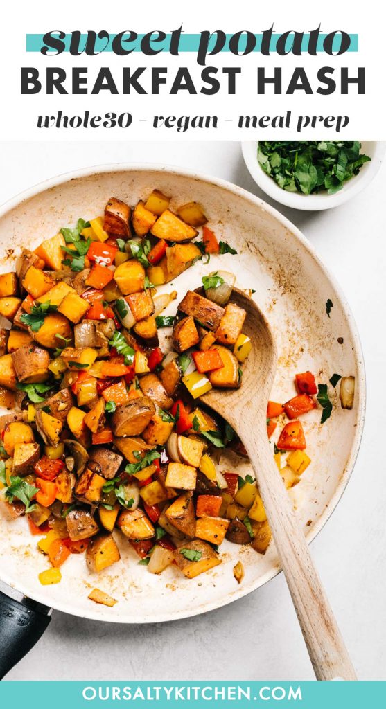 Pinterest image for a vegan and whole30 sweet potato hash recipe.
