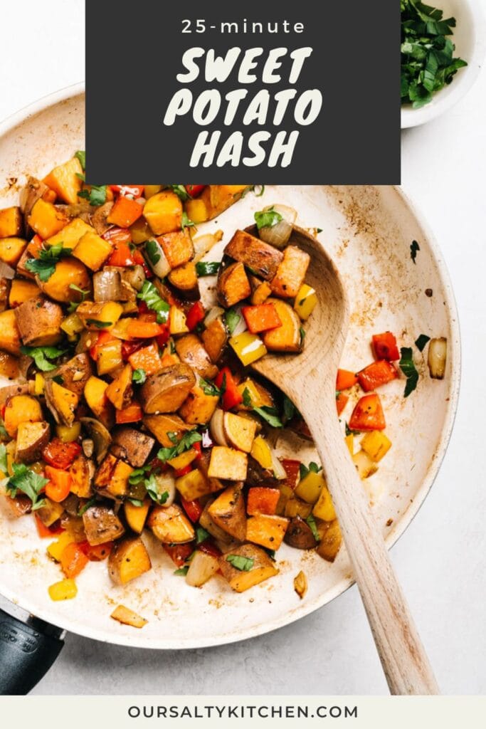 A wood spoon tucked into a skillet of quick and easy sweet potato hash, with a small bowl of chopped parsley to the side; title bar at the top reads "25-minute Sweet Potato Hash".