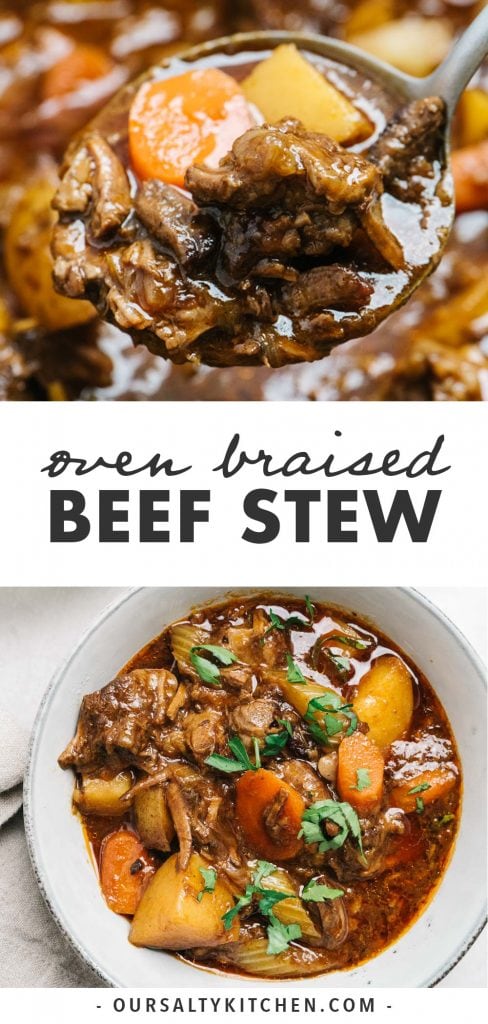 Pinterest collage for a paleo and Whole30 beef stew recipe braised in a dutch oven.