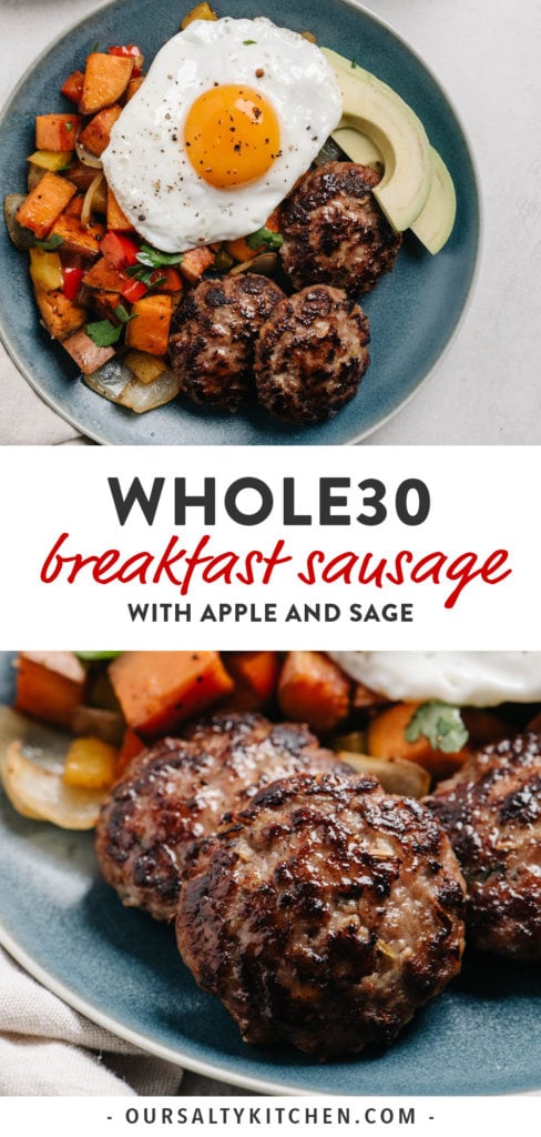 Pinterest collage for whole30 breakfast sausage with apple and sage.
