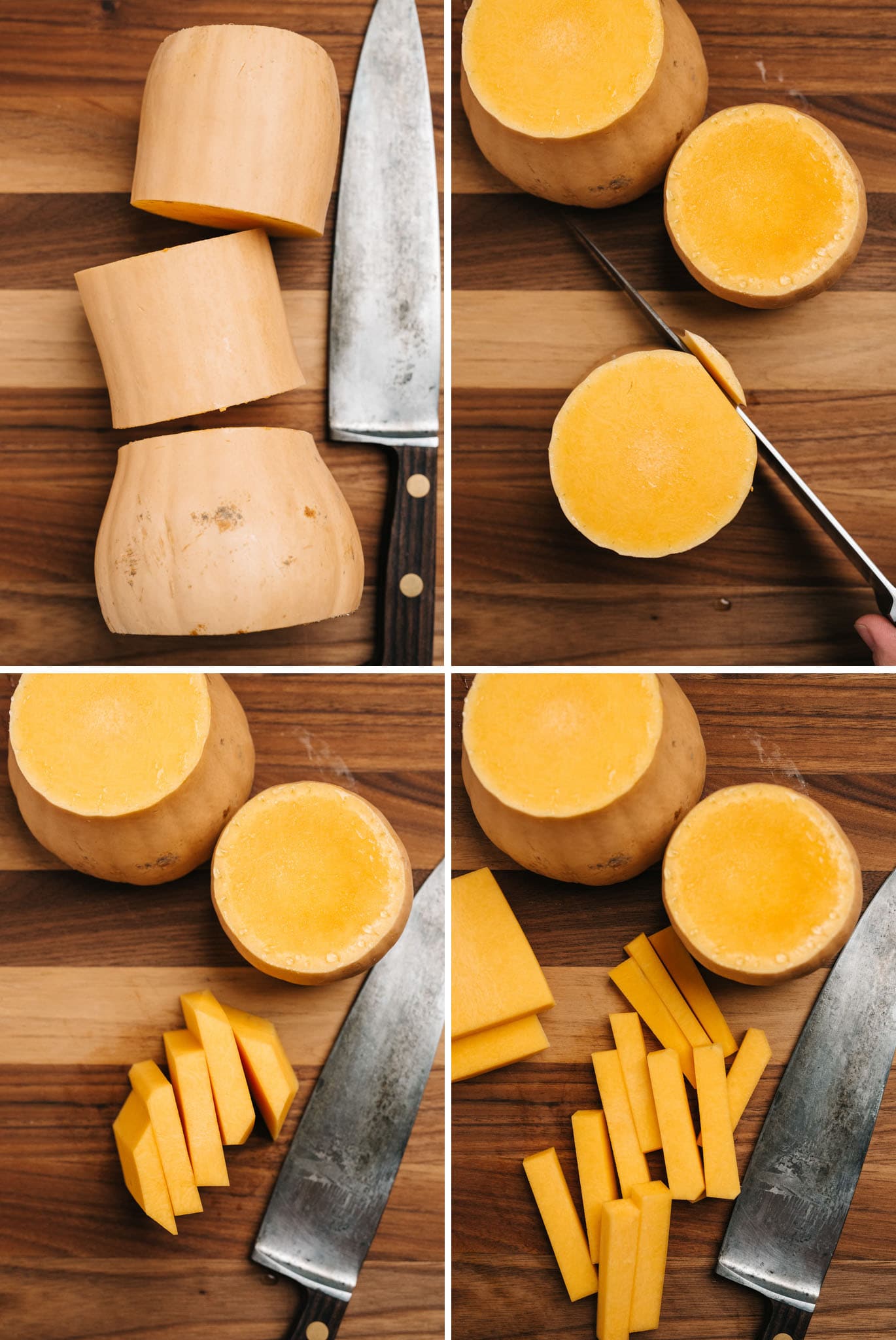A collage showing how to cut a butternut squash into fry shapes.