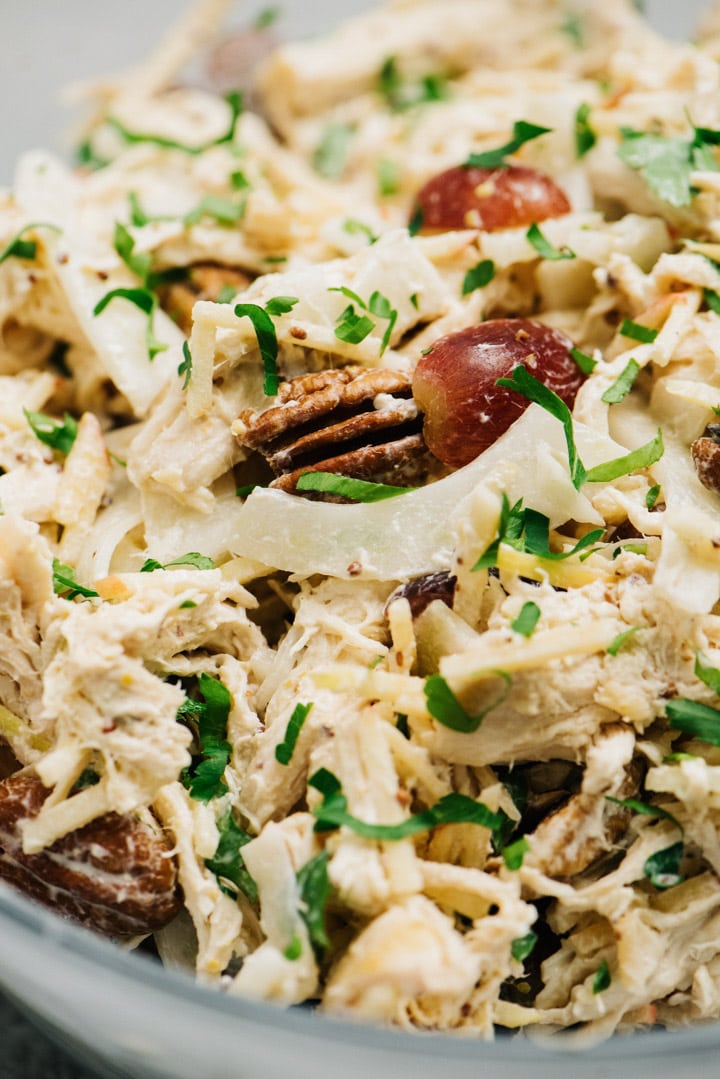 Side view, chicken salad with apples, grapes, fennel, and tangy yogurt dressing in a large mixing bowl.