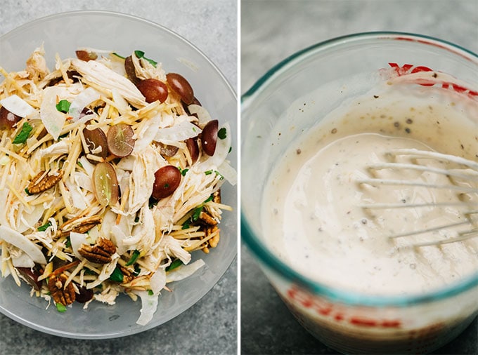 Apple chicken salad in a bowl and yogurt dressing in a measuring cup.