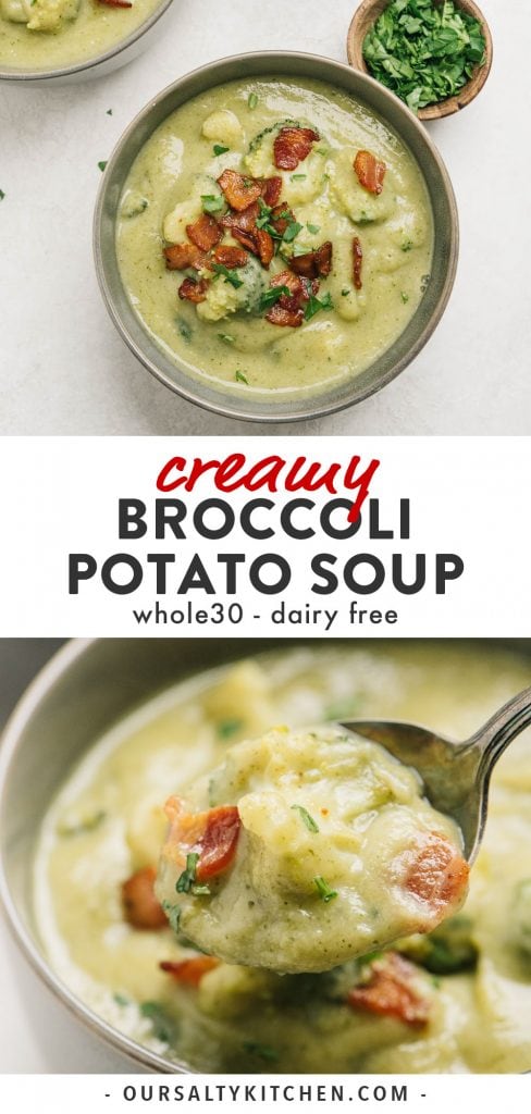 Pinterest collage for a whole30 creamy broccoli soup recipe.