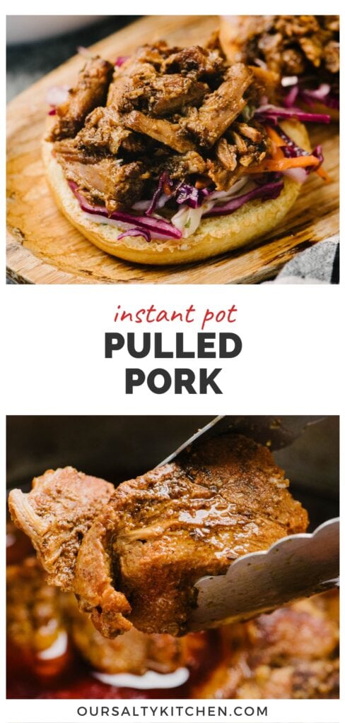 Top - an open faced pulled pork sandwich on a wood cutting board; bottom - tongs holding a piece of cooked pork hovering over an Instant Pot; title bar in the middle reads "instant pot pulled pork".