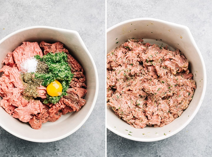 The meat in a bowl before and after mixing with the other ingredients