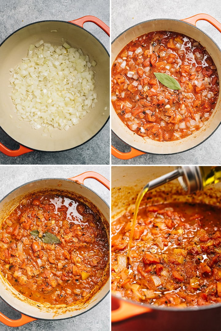 Four shots to show how to make the sauce in a pot