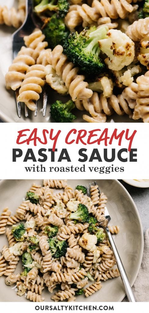 Pinterest collage for pasta with roasted vegetables tossed in a creamy pasta sauce.