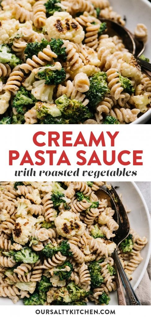 Pinterest collage for creamy pasta sauce recipe with roasted vegetables.