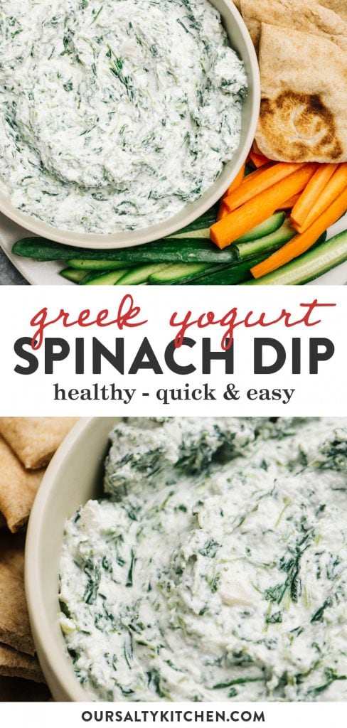 Pinterest collage for a healthy spinach dip recipe.