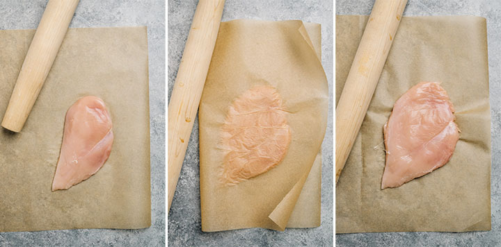 A collage of images showing how to pound chicken breast to even thickness. 