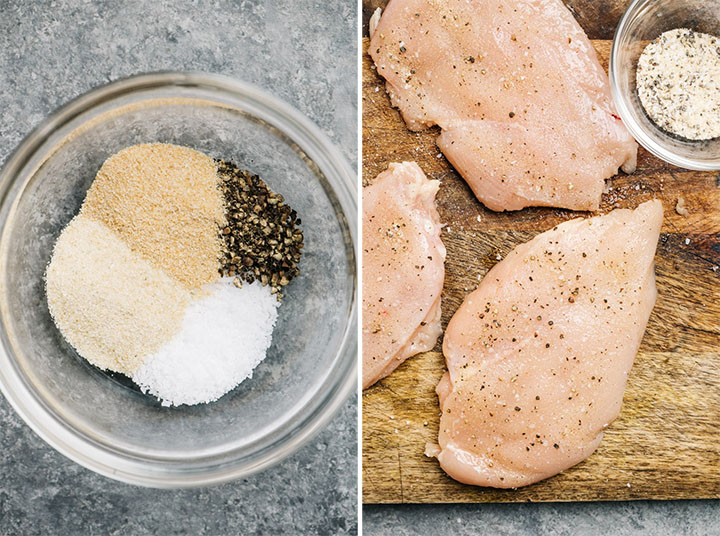 A pinch jar with seasonings; raw chicken breasts rubbed with olive oil and seasoning.