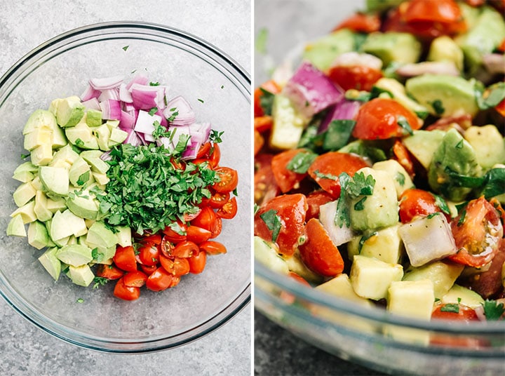 A large mixing bowl filled with avocado salsa ingredients before and after being mixed. 