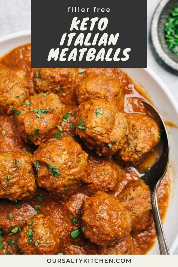 A spoon tucked into a bowl of healthy meatballs in marinara sauce; title bar at the top reads "filler free keto Italian meatballs".