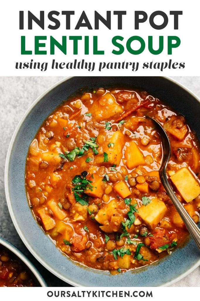 Pinterest image for an instant pot lentil soup recipe.