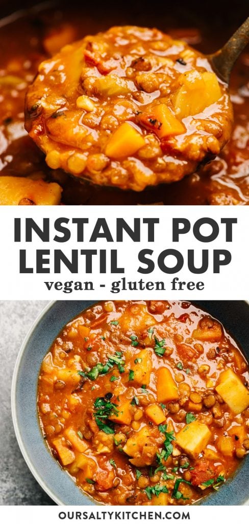 Pinterest collage for a lentil soup recipe cooked in the Instant Pot.