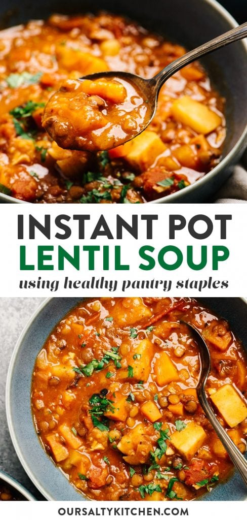 Pinterest collage for an instant pot lentil soup recipe.