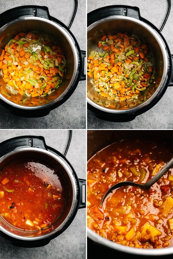 A collage showing each step for making lentil soup in the instant pot.