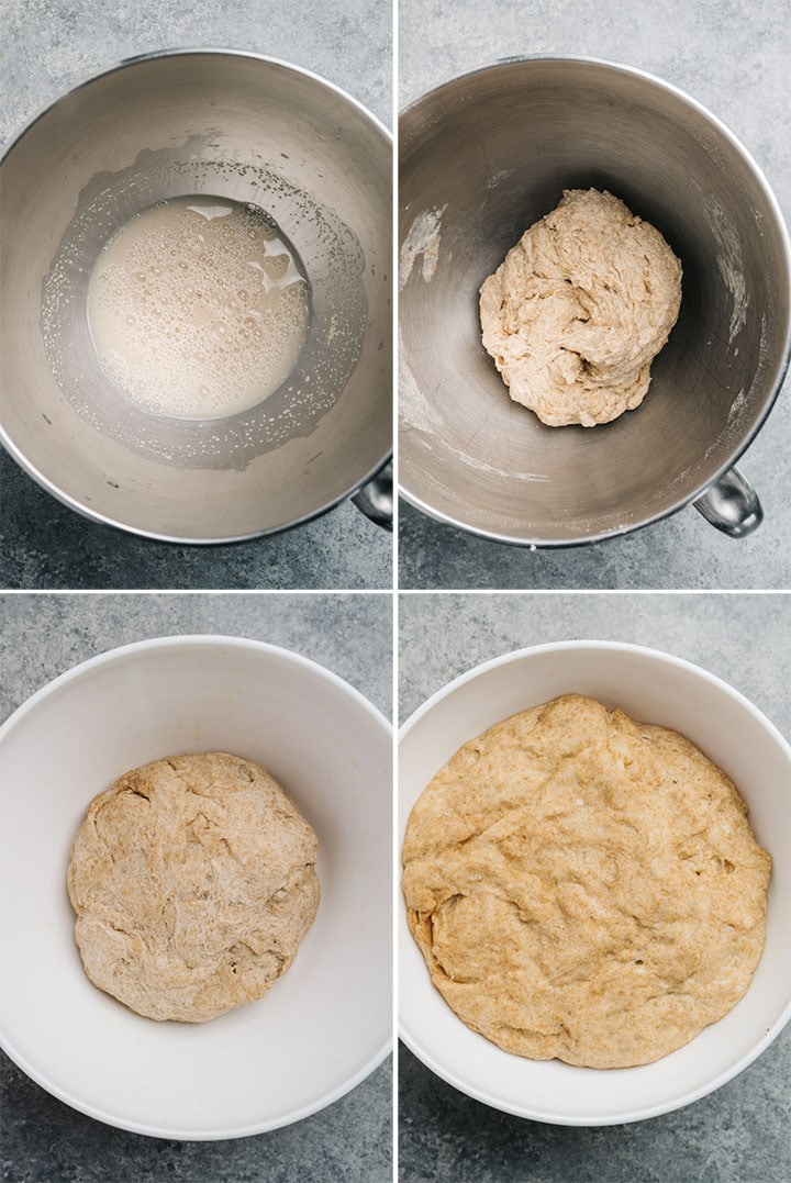 A collage showing how to make homemade pita bread with whole wheat flour.