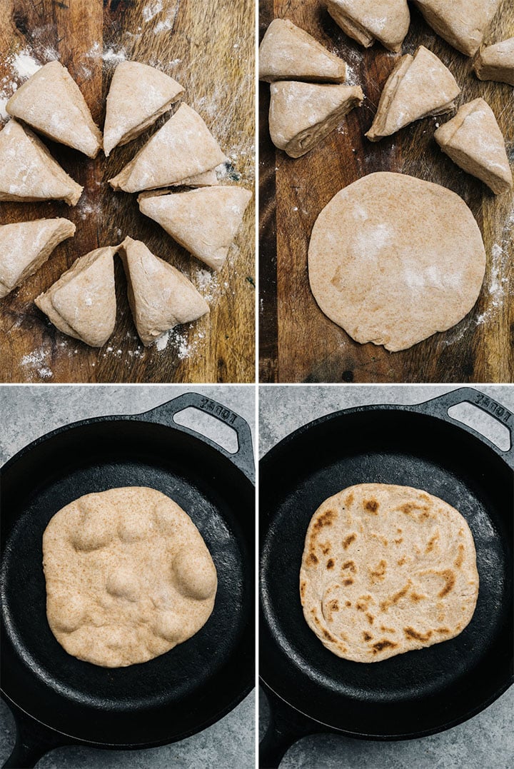 A collage showing how to divide, roll out, and bake pita bread.