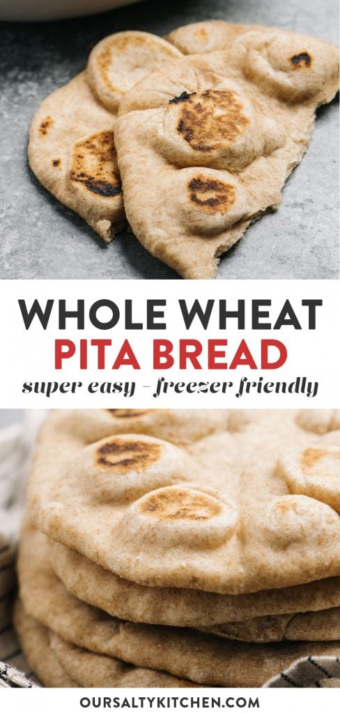 Pinterest collage for a homemade pita bread recipe made with whole wheat.