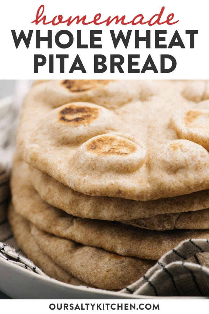 Pinterest image for a homemade pita bread recipe made with whole wheat.