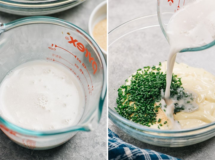 Dairy free buttermilk in a mixing cup; a mixing bowl with the ingredients for whole30 ranch dressing.