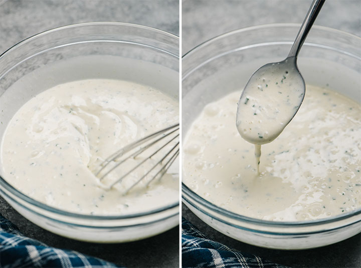 Homemade paleo and whole30 ranch dressing being whisked in a large mixing bowl.