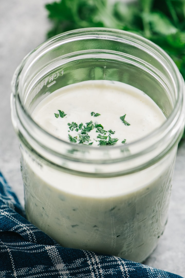 Paleo and dairy free ranch dressing in a mason jar. 