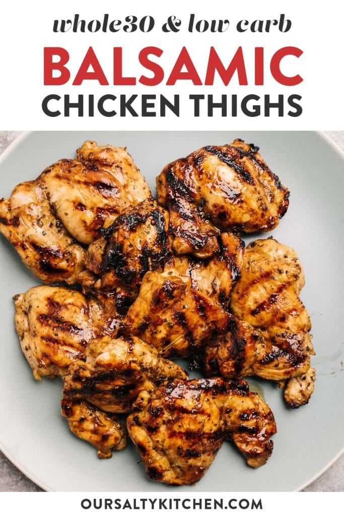 Pinterest image for grilled balsamic chicken thighs.