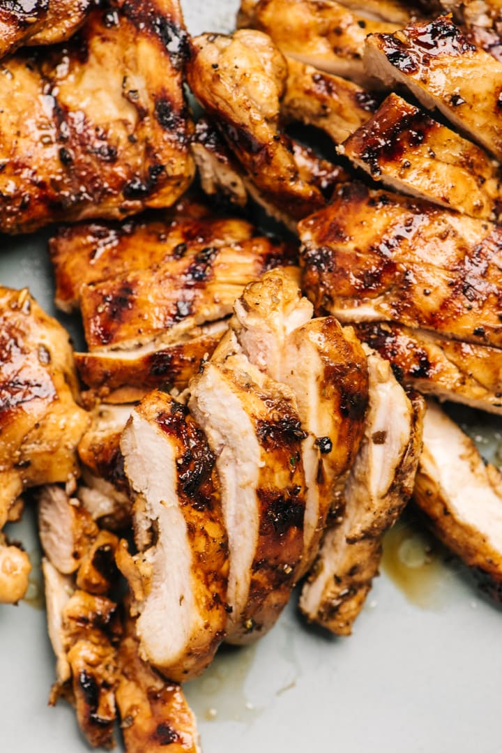 Sliced chicken thighs marinated in balsamic then grilled.
