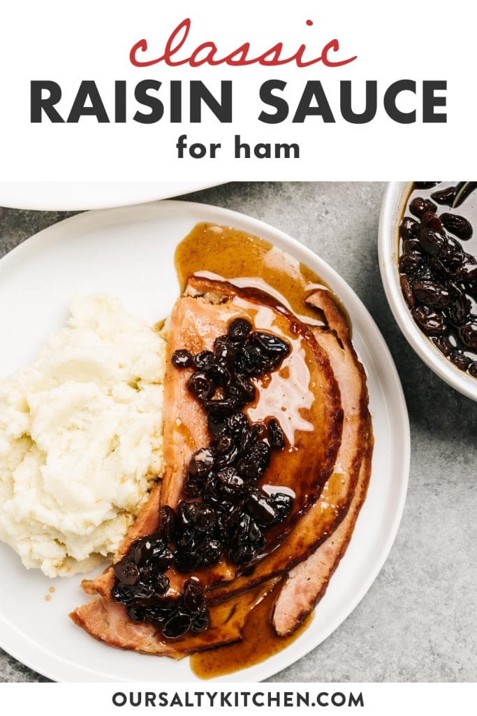 Pinterest image a raisin sauce over ham recipe.