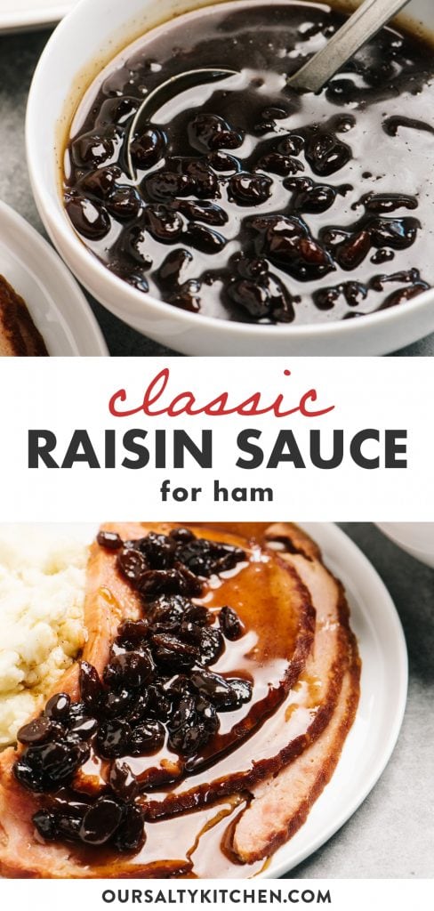 Pinterest collage a raisin sauce over ham recipe.