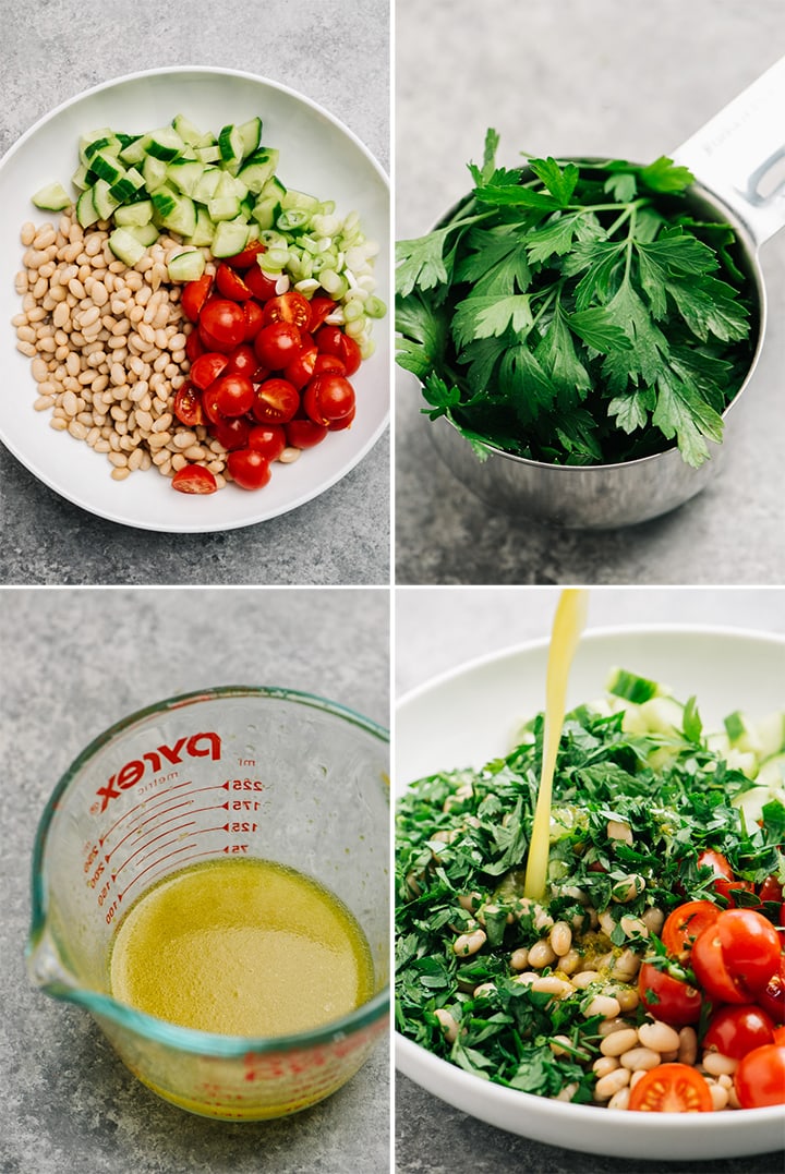 A collage showing the ingredients for vegan white bean salad and how to prepare.