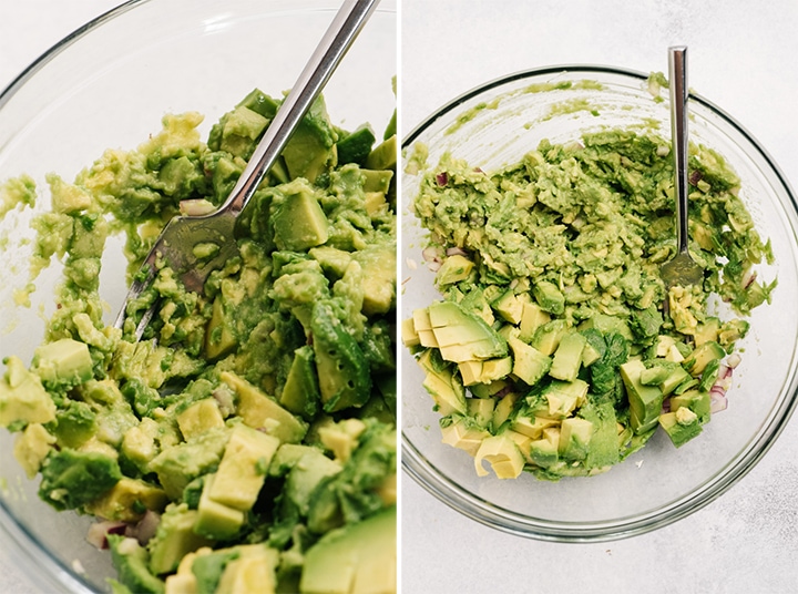Two images showing how to mash avocado with the tines of a fork to make guacamole.