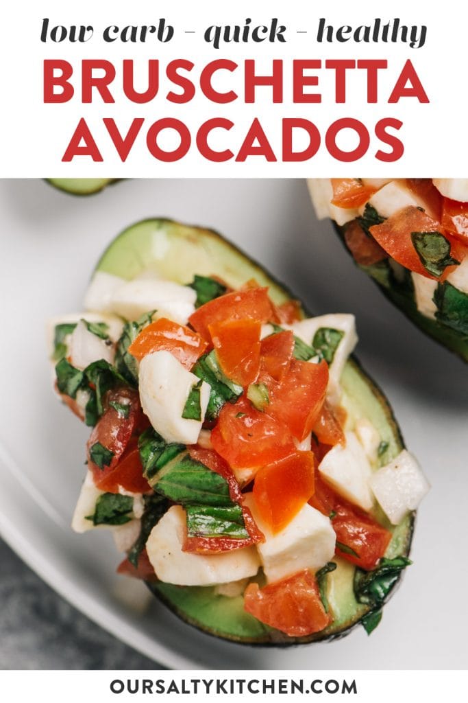Pinterest image for bruschetta stuffed avocado recipe.