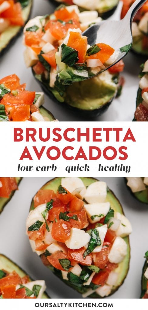Pinterest collage for bruschetta stuffed avocado recipe.