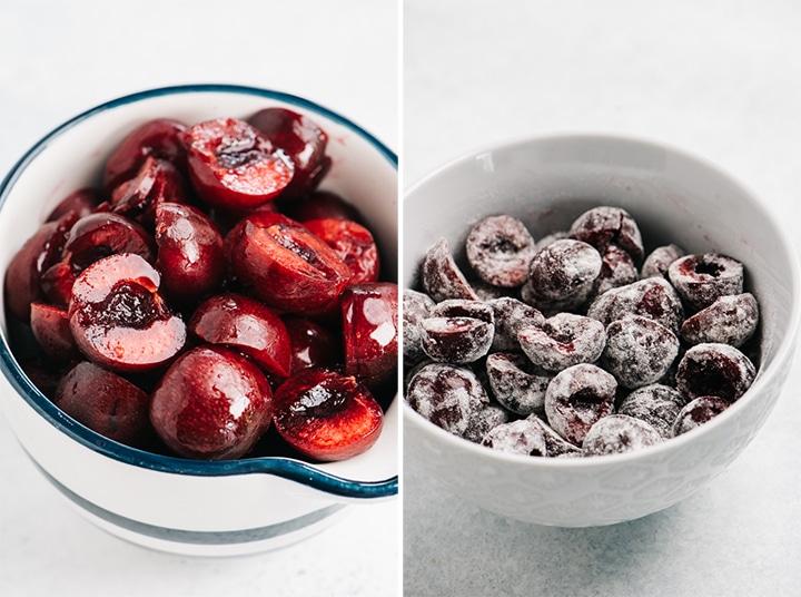 Fresh pitted cherries in a measuring cup; slices cherries tossed with flour.