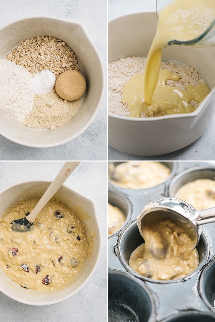 A collage showing how to make cherry muffins.