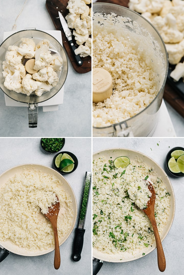 A collage showing how to make cilantro lime cauliflower rice in a skillet.