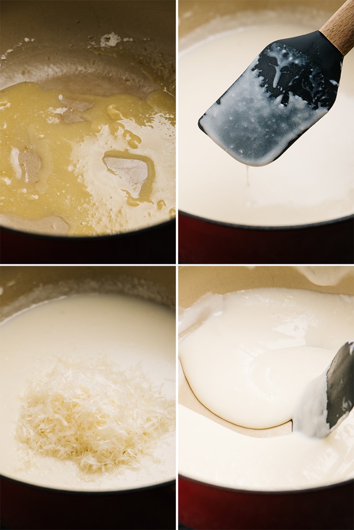 A collage showing how to make creamy pasta sauce.