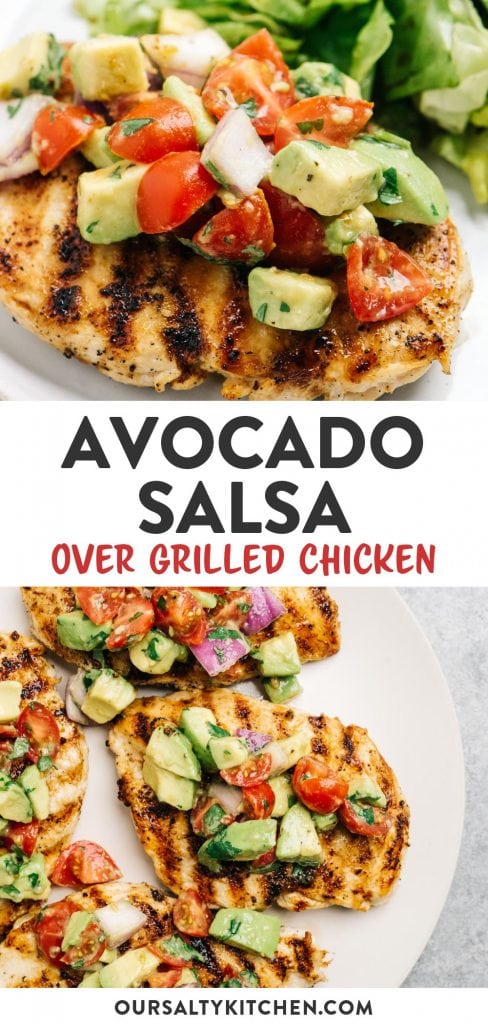 Pinterest collage for avocado salsa recipe, served over grilled chicken.
