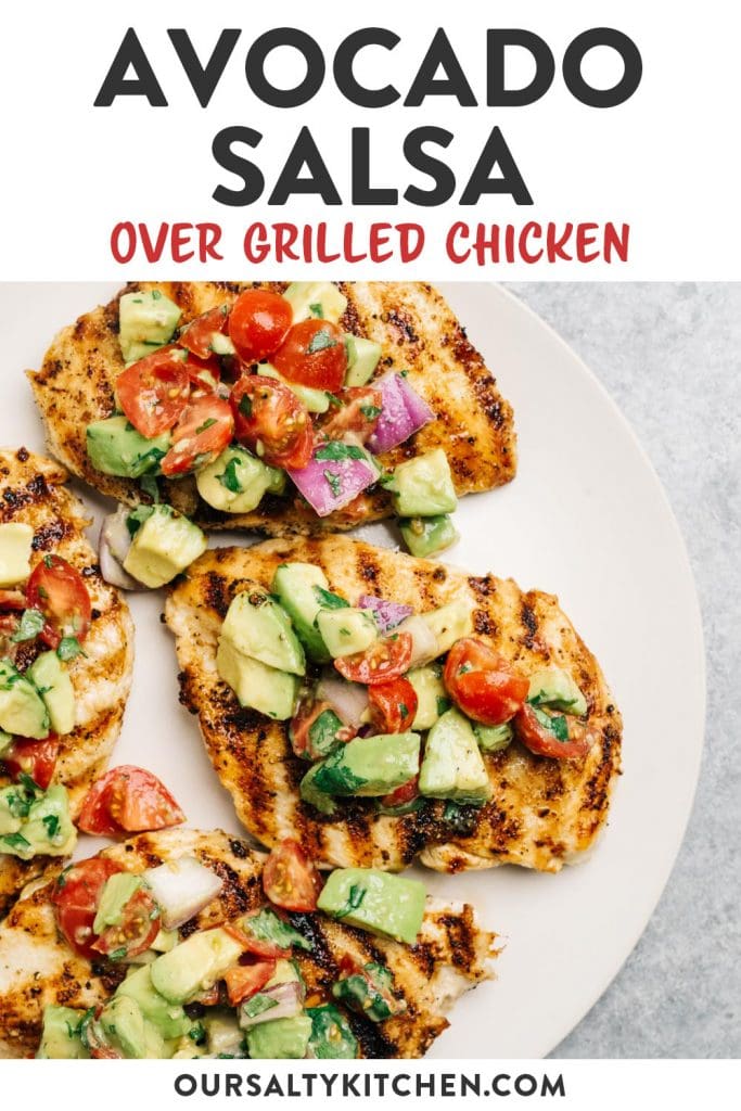 Pinterest image for avocado salsa recipe, served over grilled chicken.